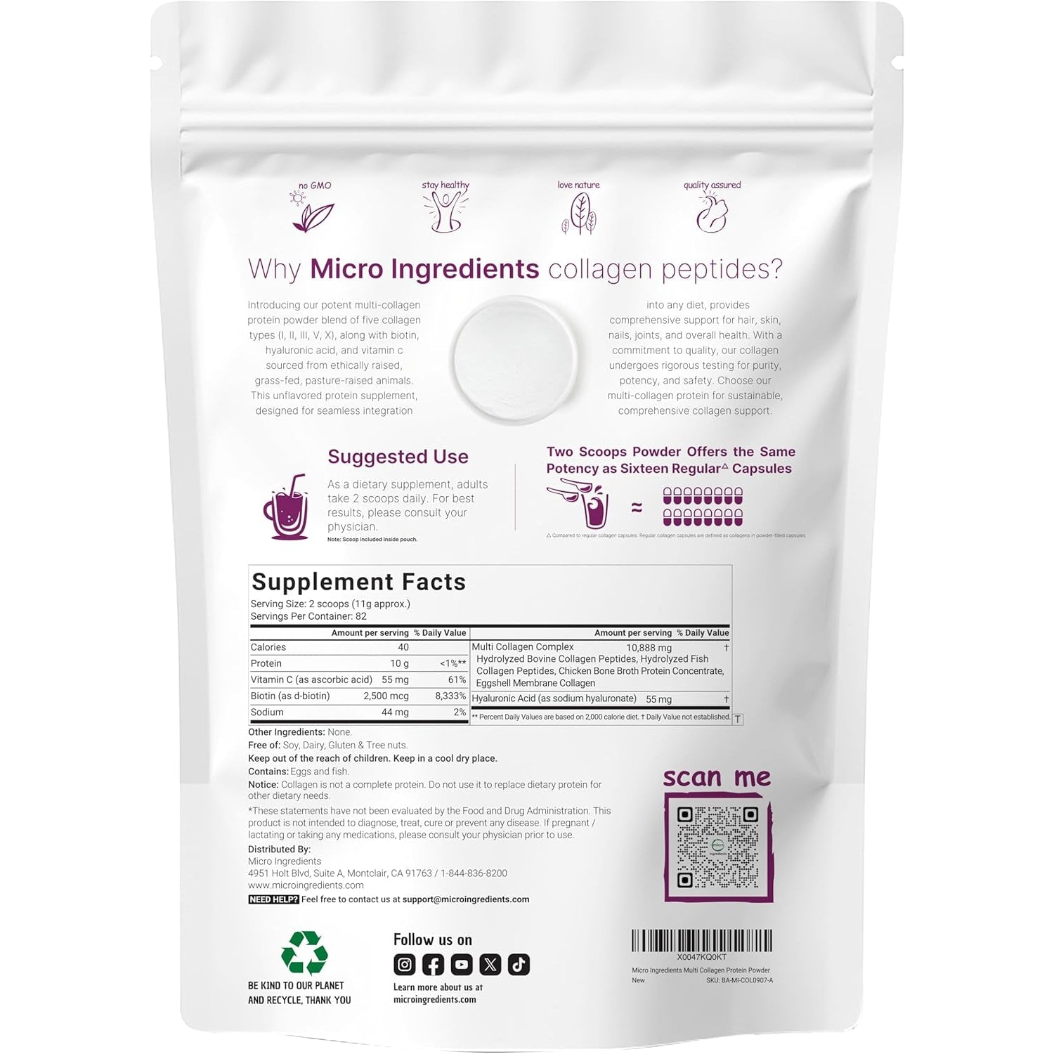 Micro Ingredients Multi Collagen Peptides Powder, 2Lb – Hydrolyzed Type I,II,III,V,X with Biotin, Hyaluronic Acid, Vitamin C – Unflavored Collagen for Women & Men, Easy Dissolve, 82 Servings