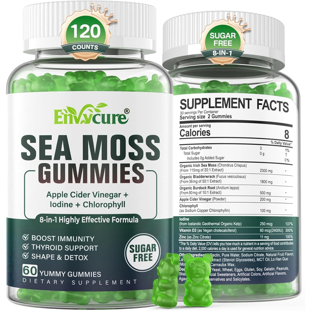Sea Moss Gummies Sugar-Free, Extra Strength Irish Moss Gel Supplement with Iodine, Chlorophyll, Unfiltered ACV, D3, Burdock Root, Bladderwrack for Immune, Digestive, Skin, Hair, Det❤️X, Vegan, 2Pack