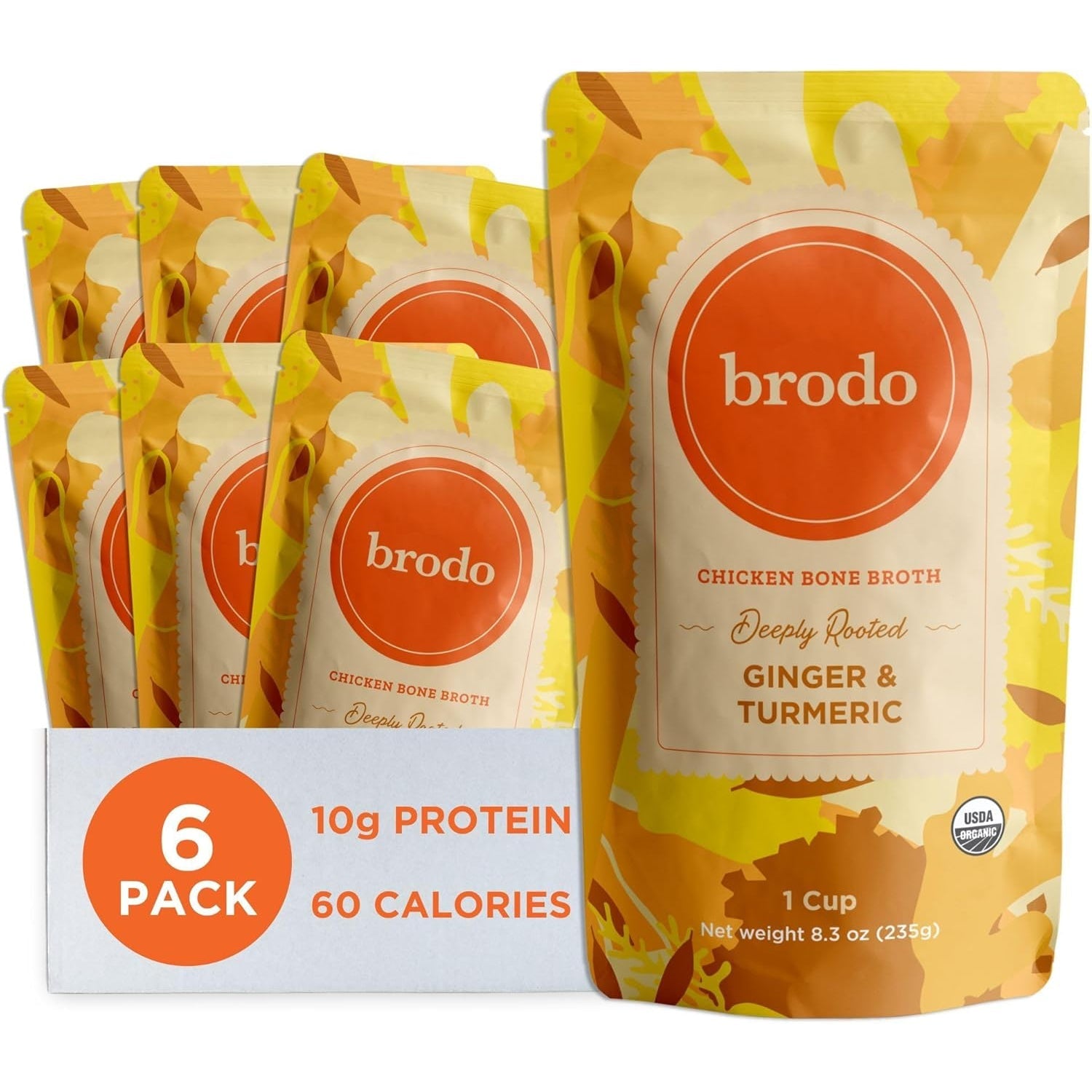 Brodo Deeply Rooted Organic Chicken Broth with Turmeric & Ginger, Nutrient-Rich Chicken Bone Broth Organic, High in Protein and Collagen for Wellness and Cooking, (6X 8.3 Oz. Pouches)