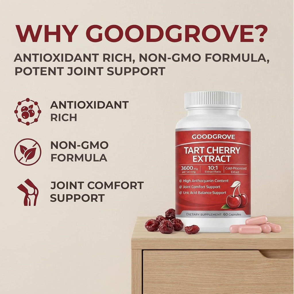 Good Grove Tart Cherry Extract Capsules, Goodgrove Tart Cherry Extract Supplement | 10:1 Extract, 3600Mg Strength | Supports Joint Comfort, 60 Count (1)