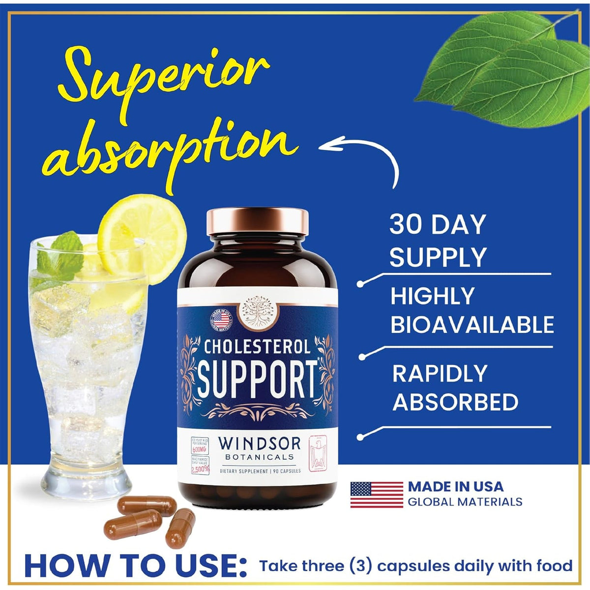 WINDSOR BOTANICALS Cholesterol Supplements - Citrus Bergamot, Niacin, Red Yeast Rice, Berberine, Aronia Berry Extract to Support Normal HDL and LDL Cholesterol Levels - 90 Vegan, Non-Gmo Capsules
