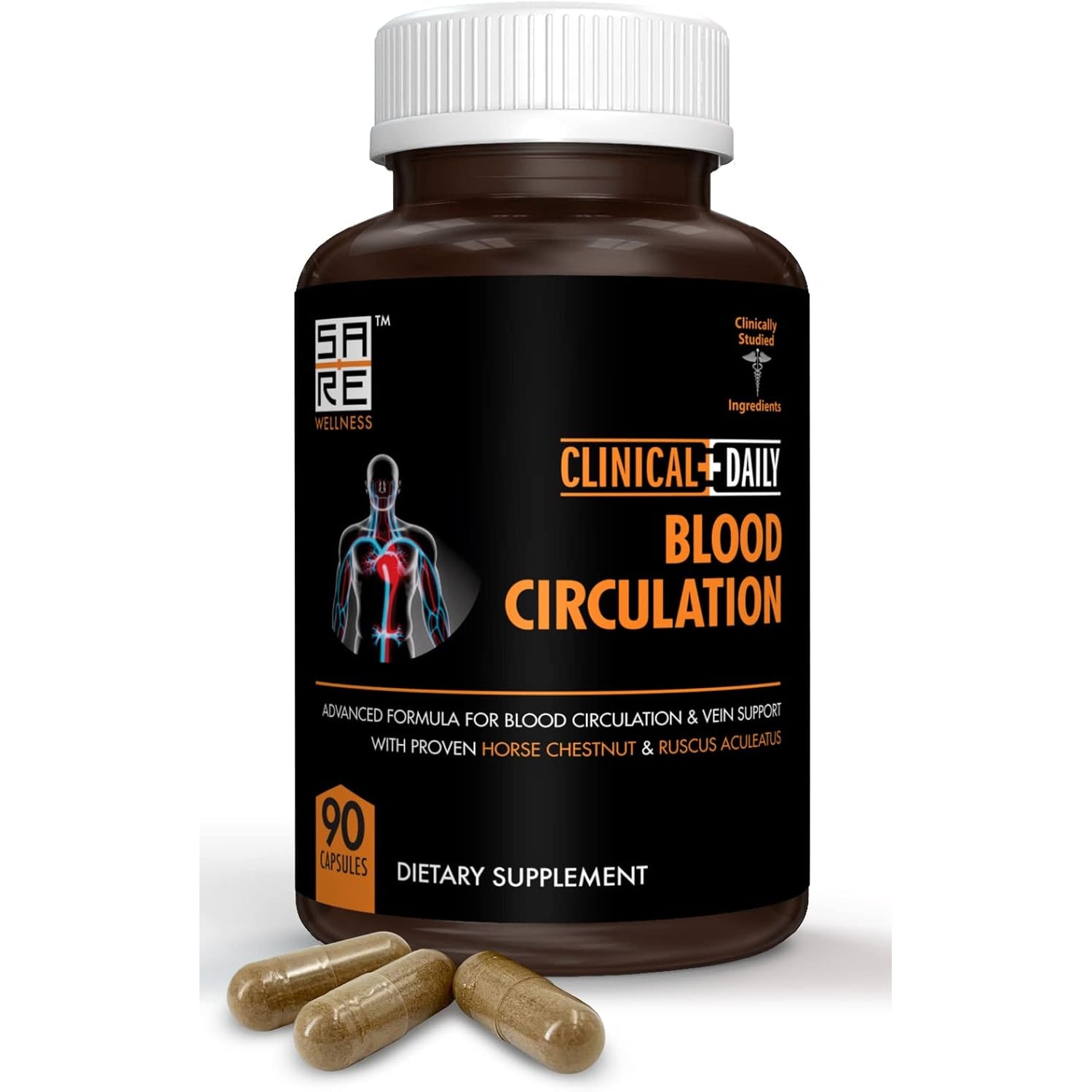 Clinical Daily Blood Circulation Supplement. Butchers Broom, Horse Chestnut, Cayenne, L-Arginine, Diosmin. Herbal Varicose Vein Treatment. Poor Circulation and Vein Support. 90 Capsules
