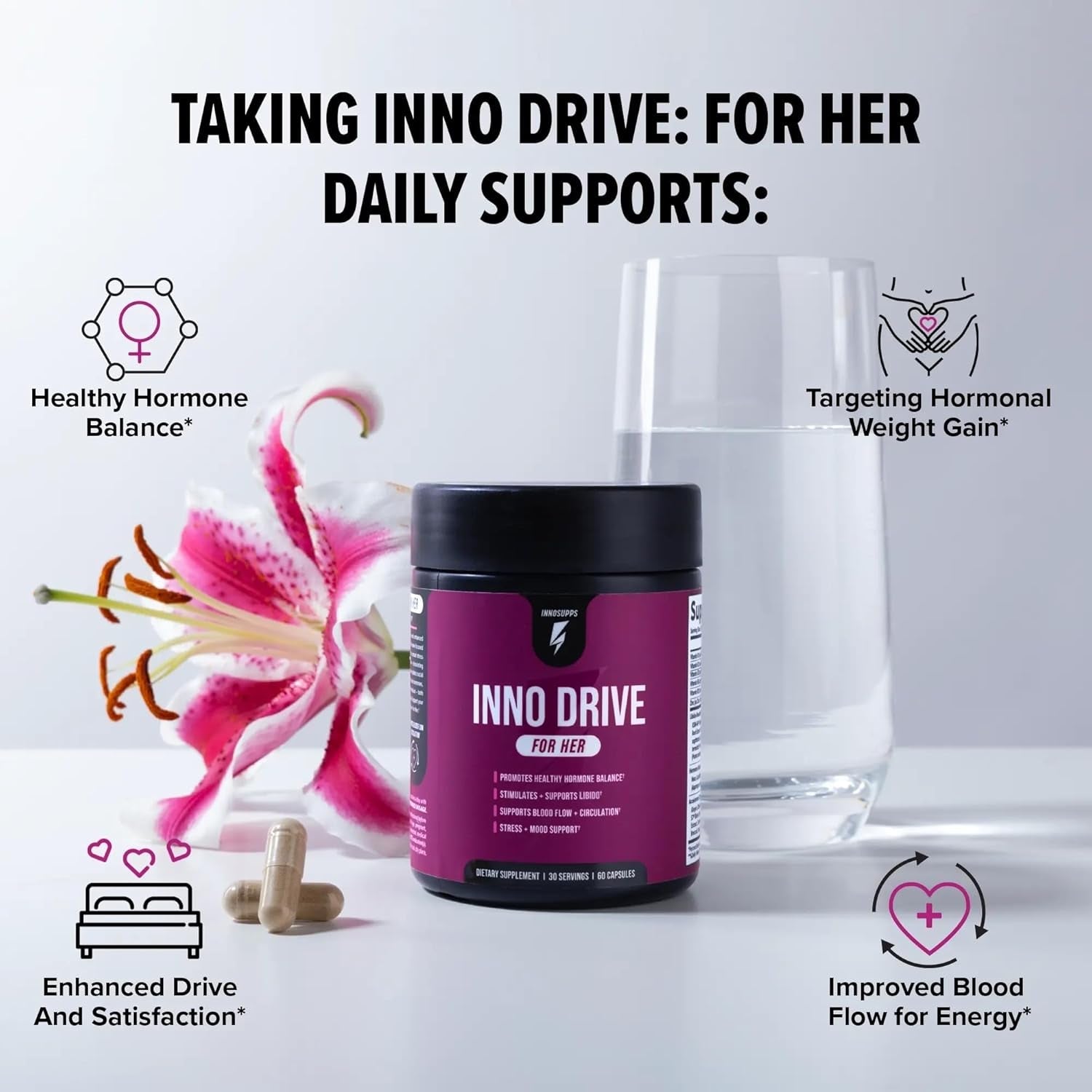 Innosupps Inno Drive for Her, Women’S Healthy Hormone Balance Support, Supports Libido, Boost Intimacy, Energy, Mood, Weight, & Immune Support Supplement - 60 Capsules, 30 Servings