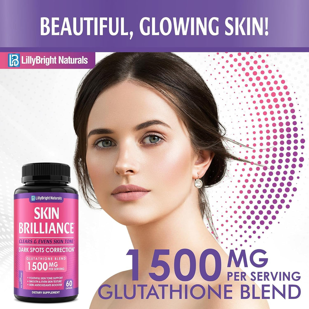 Glutathione Capsules - 1,500Mcg L-Glutathione Supplement with Vitamin C - Skin Tone Enhancer - Targets Dark Spots & Acne Marks - Antioxidant Supplement for Beauty & Health Support - 60 Skin Pills