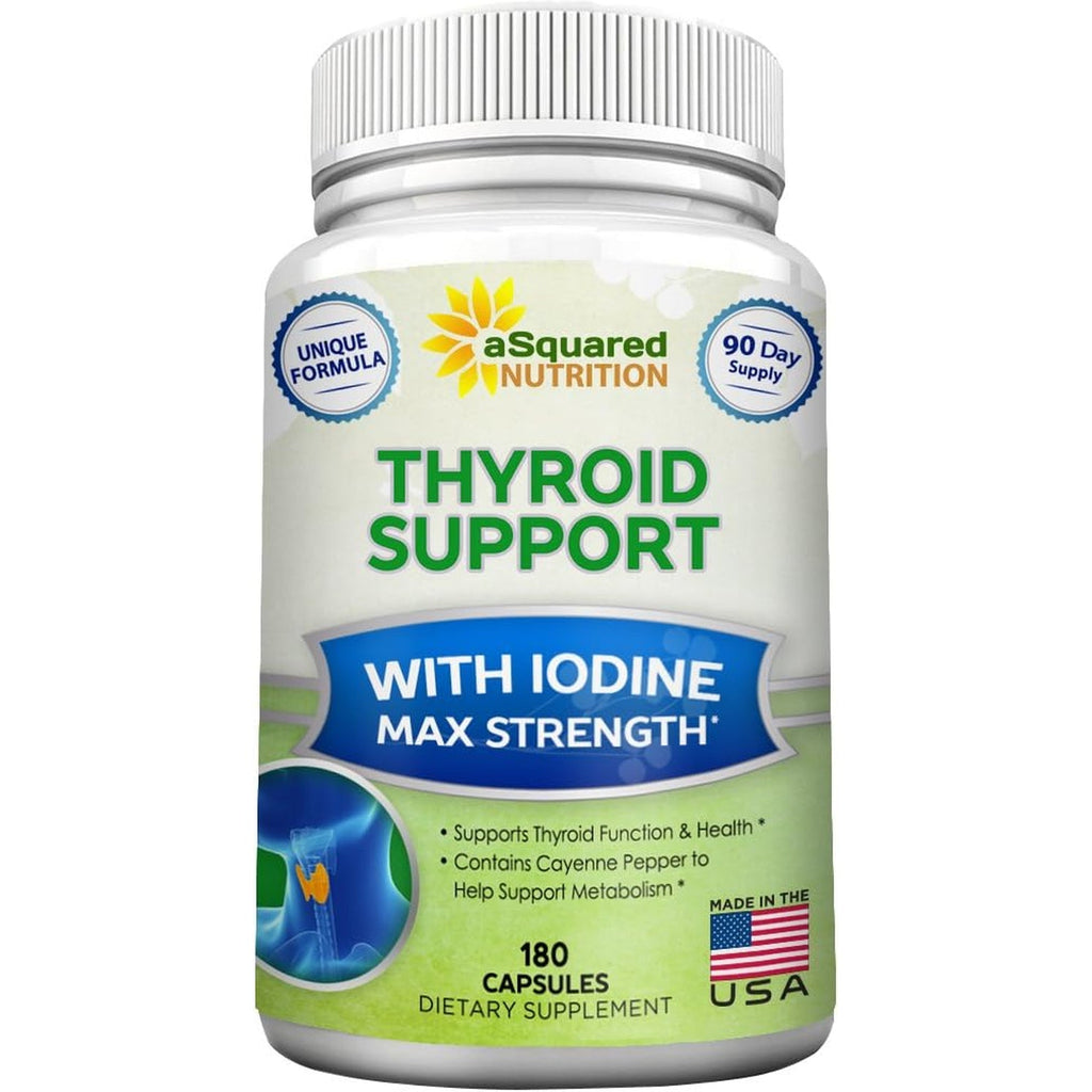 Asquared Nutrition Premium Thyroid Support Supplement with Iodine (180 Capsules) - Best Herbal & Vitamin Complex Pills W/ B12, Ashwagandha, Bladderwrack & Kelp - Helper for Healthy Hormone & Energy