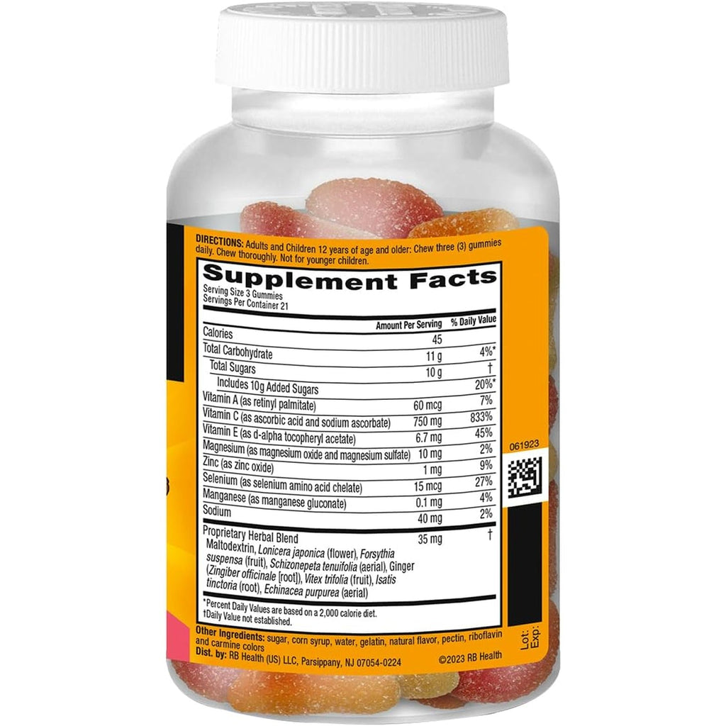 Airborne Immune Support Gummies, Assorted Fruit Flavor, 63 Ct - 750 Mg Vitamin C + Vitamins A, D & E + Zinc, Selenium, and Manganese | with Herbal Blend | Naturally Flavored