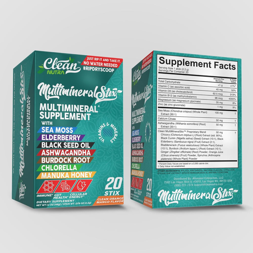 Sea Moss Powder Elderberry Ashwagandha Chlorella Manuka Honey Vitamind3 Vitamin C Zinc Spirulina Iodine Greens Detox Immune Support Sugar Free Hydration Powder Drink Mix – 20 Sticks