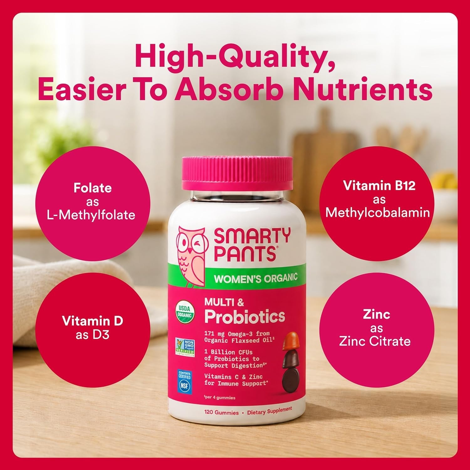 Smartypants Organic Women'S Multivitamin Gummies: Biotin, Probiotics, Methylfolate, Omega 3 (ALA), Vitamin D3, C, Vitamin B12, B6, A, K & Zinc, Inositol, Gluten Free, 120 Count (30 Day Supply)