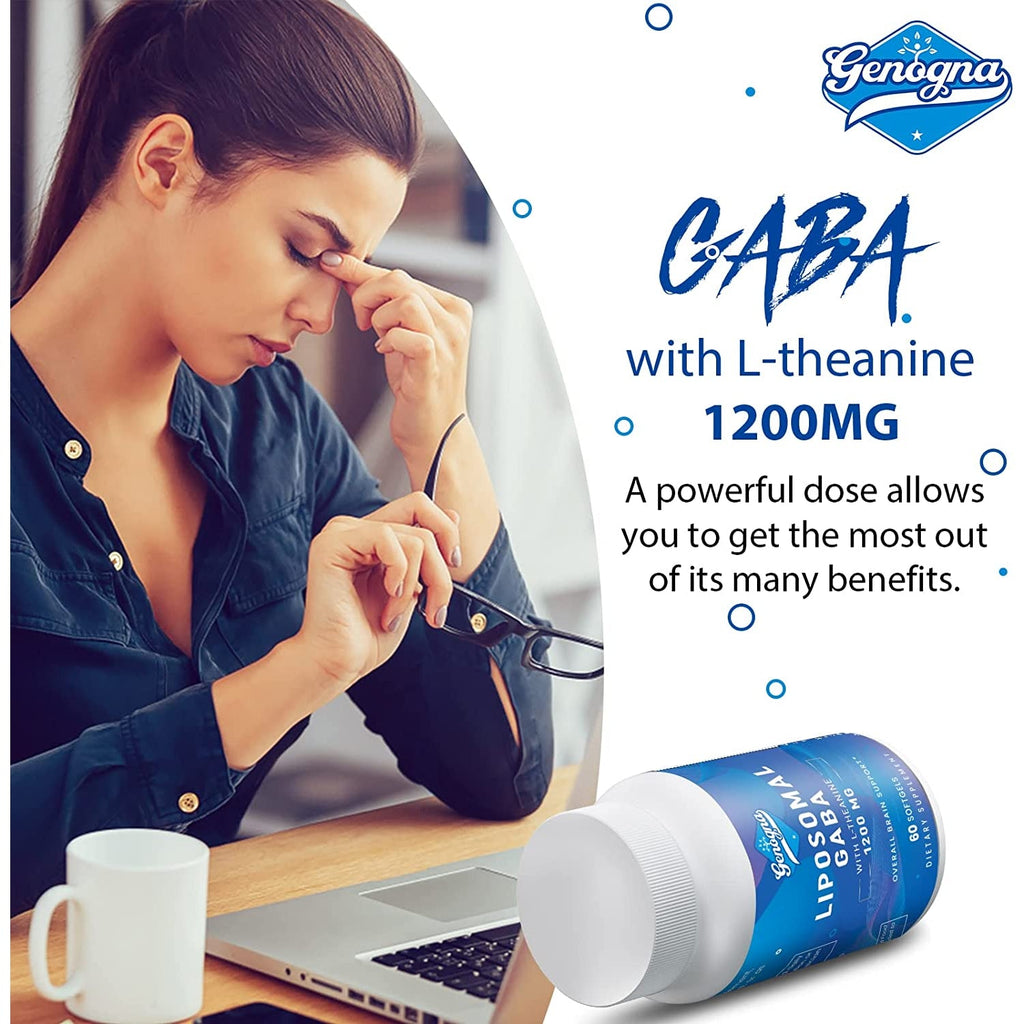 GABA with L-Theanine Supplement 1200Mg - High Bioavailable Liposomal GABA Supplements, 60 Capsules for Adults