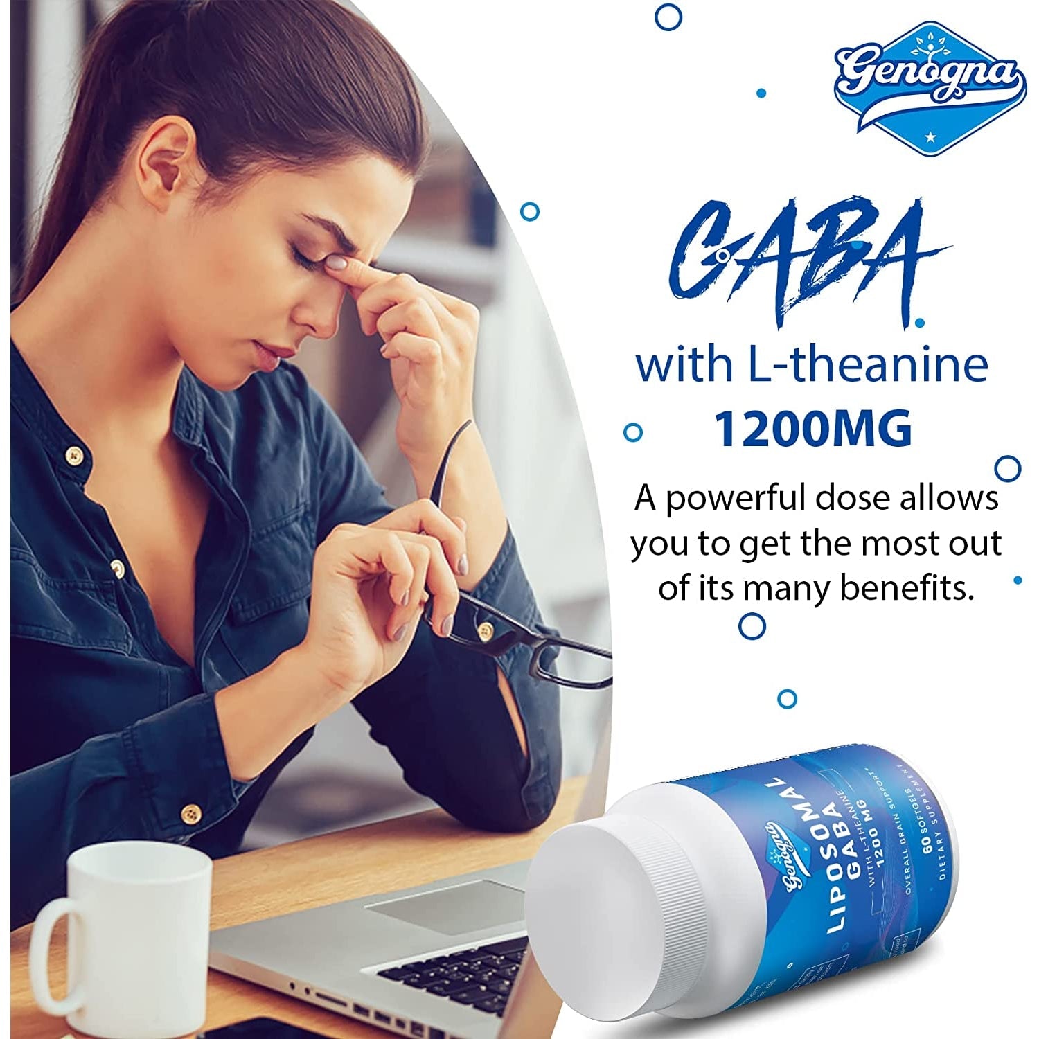 GABA with L-Theanine Supplement 1200Mg - High Bioavailable Liposomal GABA Supplements, 60 Capsules for Adults