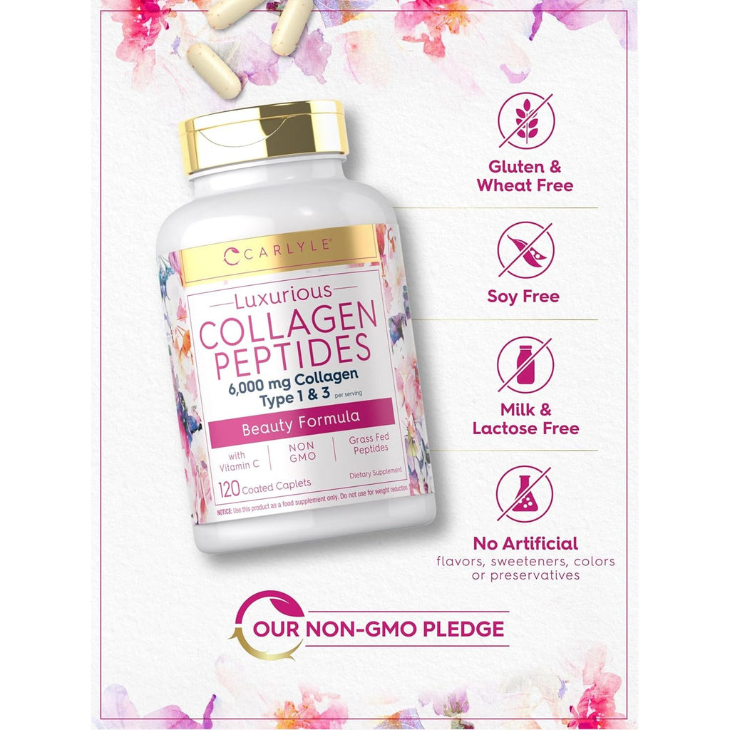 Carlyle Collagen Peptides with Vitamin C | 6000Mg | 120 Caplets | Grass Fed Type II & III | Beauty Formula | Non-Gmo, Gluten Free Supplement
