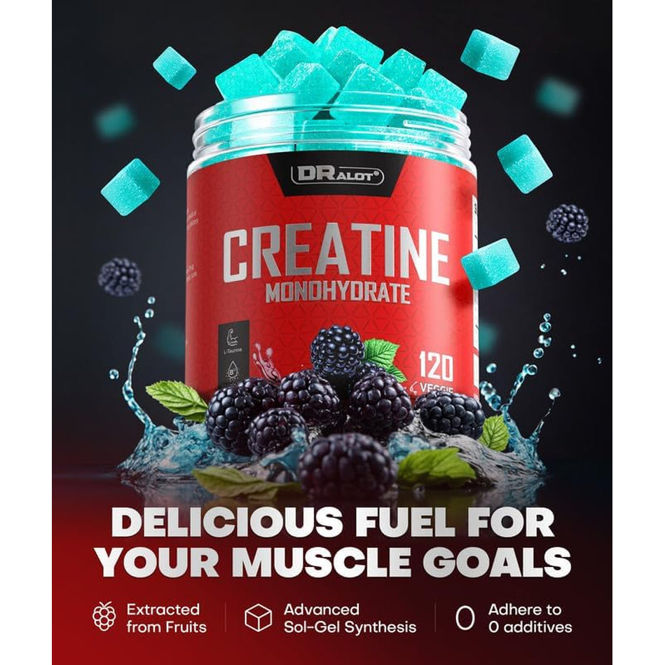 Dralot 99.99% Creatine Monohydrate Gummies More 15% Strength, 5X Energy & Muscle Support Pre-Workout Complex Creatine for Women & Men with 5000Mg Creatine, L-Taurine, B12, Mg and K, Vegan