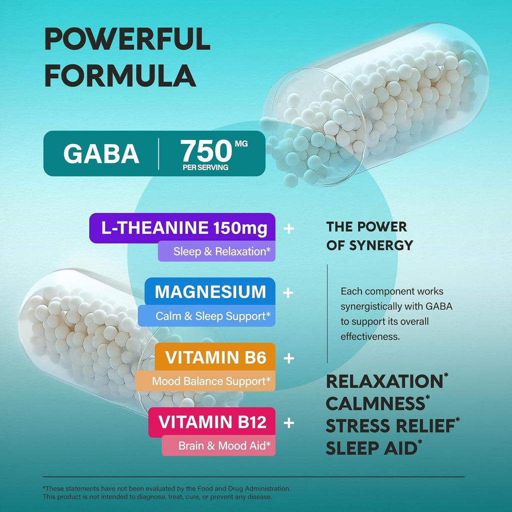GABA L-Theanine 900 Mg - Magnesium | Vitamin B6 - Calm, Sleep, Relaxation & Mood Support - Lab Tested - 750 Mg Gamma Aminobutyric Acid, 150 Mg L-Theanine - Non-Habit Forming, Vegan - 120 Capsules