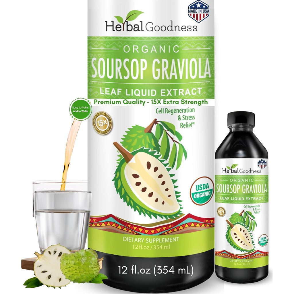 Herbal Goodness Soursop Graviola Liquid Drops 12 Fl Oz - 15X Strength Organic Guanábana Soursop Leaves Extract for Gut Health, Cell & Immune Support Serene Soursop Drops - Vegan, Non-Gmo, Made in USA