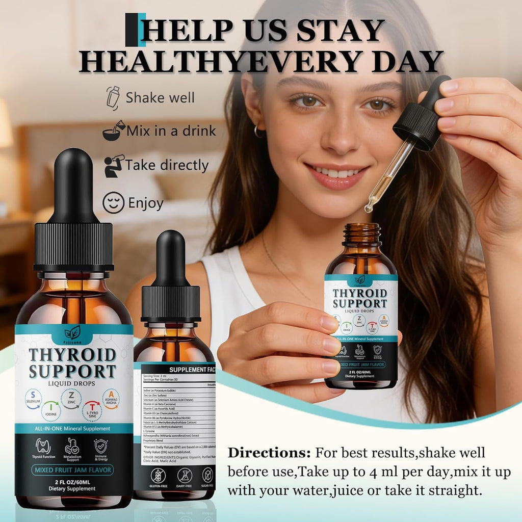 Thyroid Support for Women & Men Liquid Drops.Thyroid Supplement Drops with Selenium Zinc Iodine L-Tyrosine Ashwagandha for Energy & Metabolism Support, Hormone Balance,Vegan，Additives Free - 2 Fl. Oz