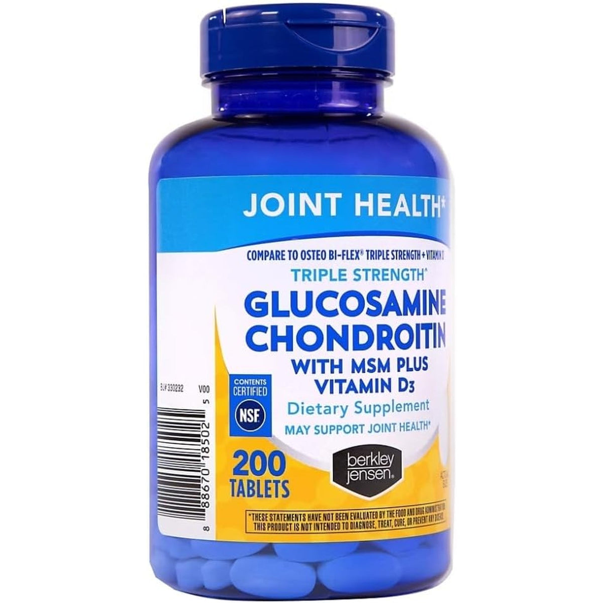 Berkley Jensen Glucosamine Chondroitin Triple Strength Complex with MSM and D3 Joint Supplement Tablets for Joint Support and Cartilages, NSF Certified, 200 Count (Pack of 1)