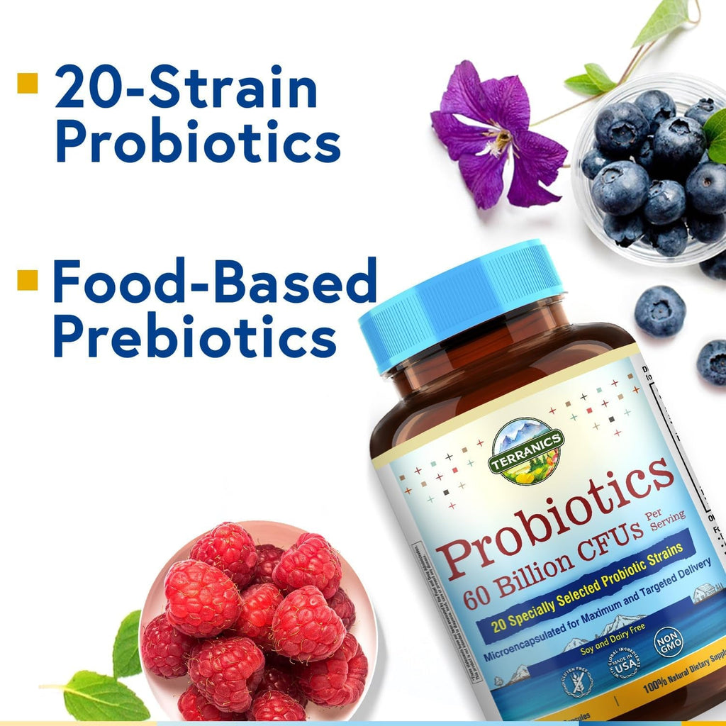 Terranics Probiotics 60 Billion CFU, 20 Strains, 60 Veg Capsules, Prebiotics & Probiotics, Shelf Stable Probiotic Supplement for Men & Women, Non-Gmo, NO Soy, Dairy & Gluten