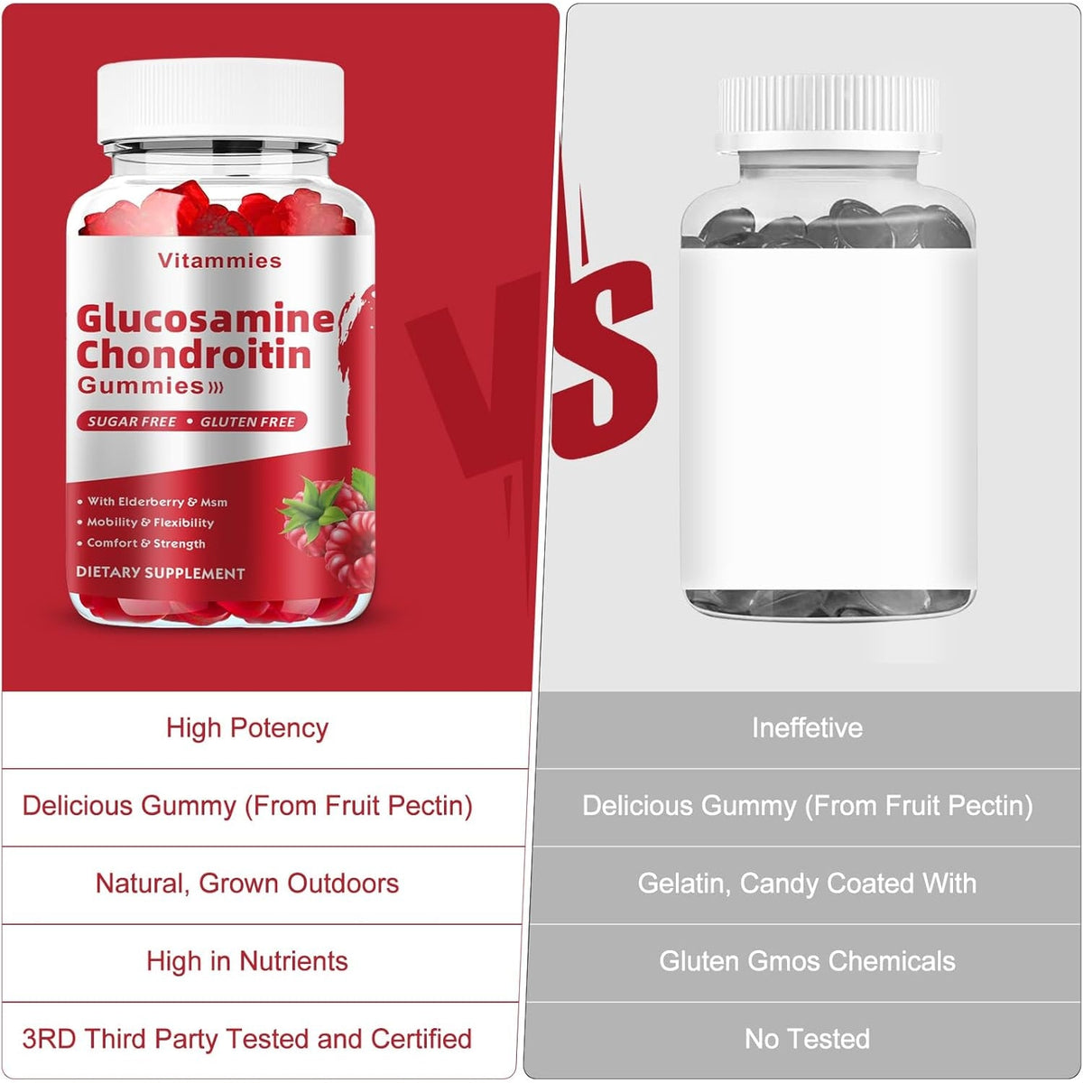 Glucosamine Chondroitin Gummies with MSM & Elderberry Extra Strength - Joint Support, Antioxidant Immune Support Supplement for Adults, Men & Women - 60 Raspberry Gummies