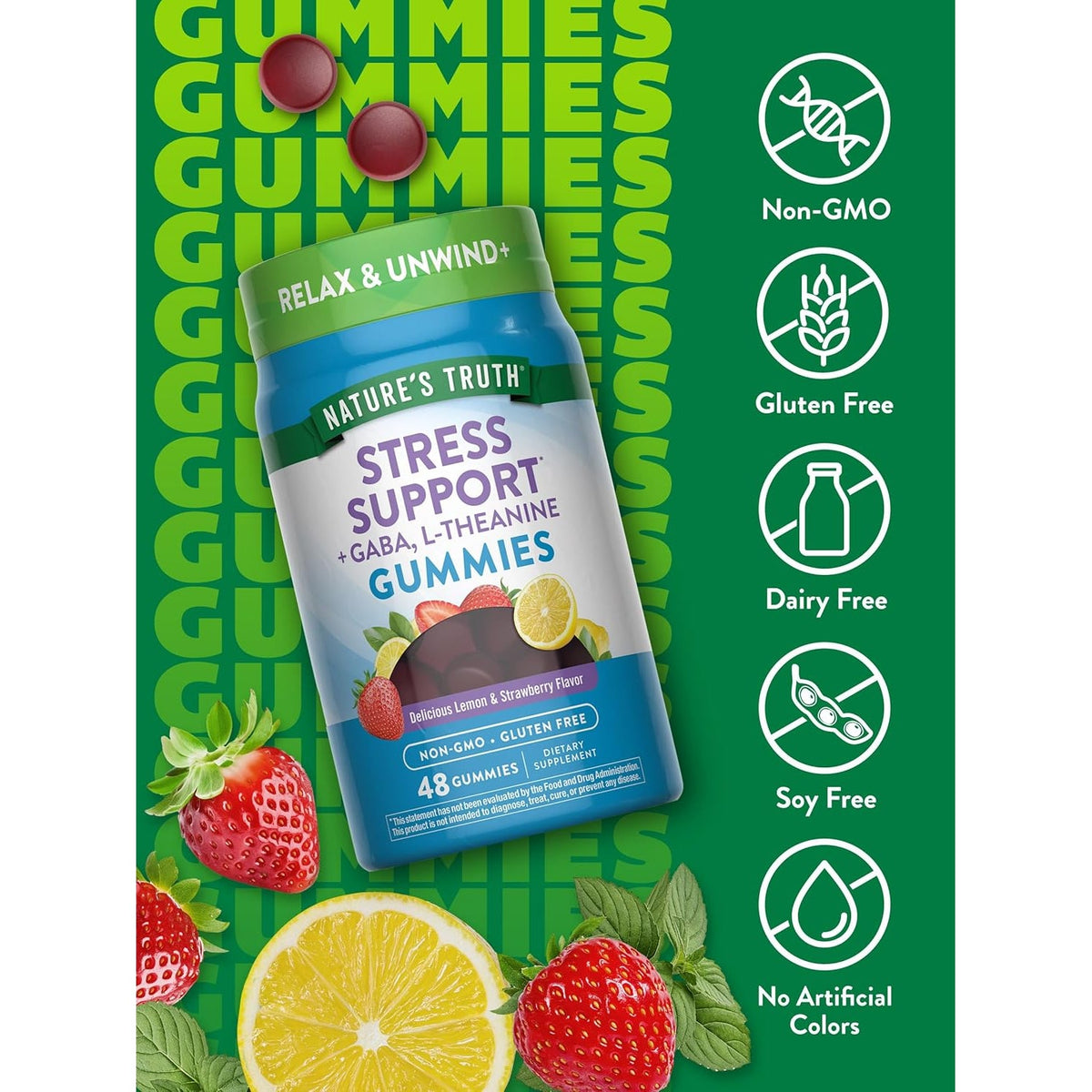 Nature'S Truth Stress Relief Gummies for Adults | with Gaba, L Theanine, and Lemon Balm | Lemon Strawberry Flavor | Non-Gmo & Gluten Free Supplement