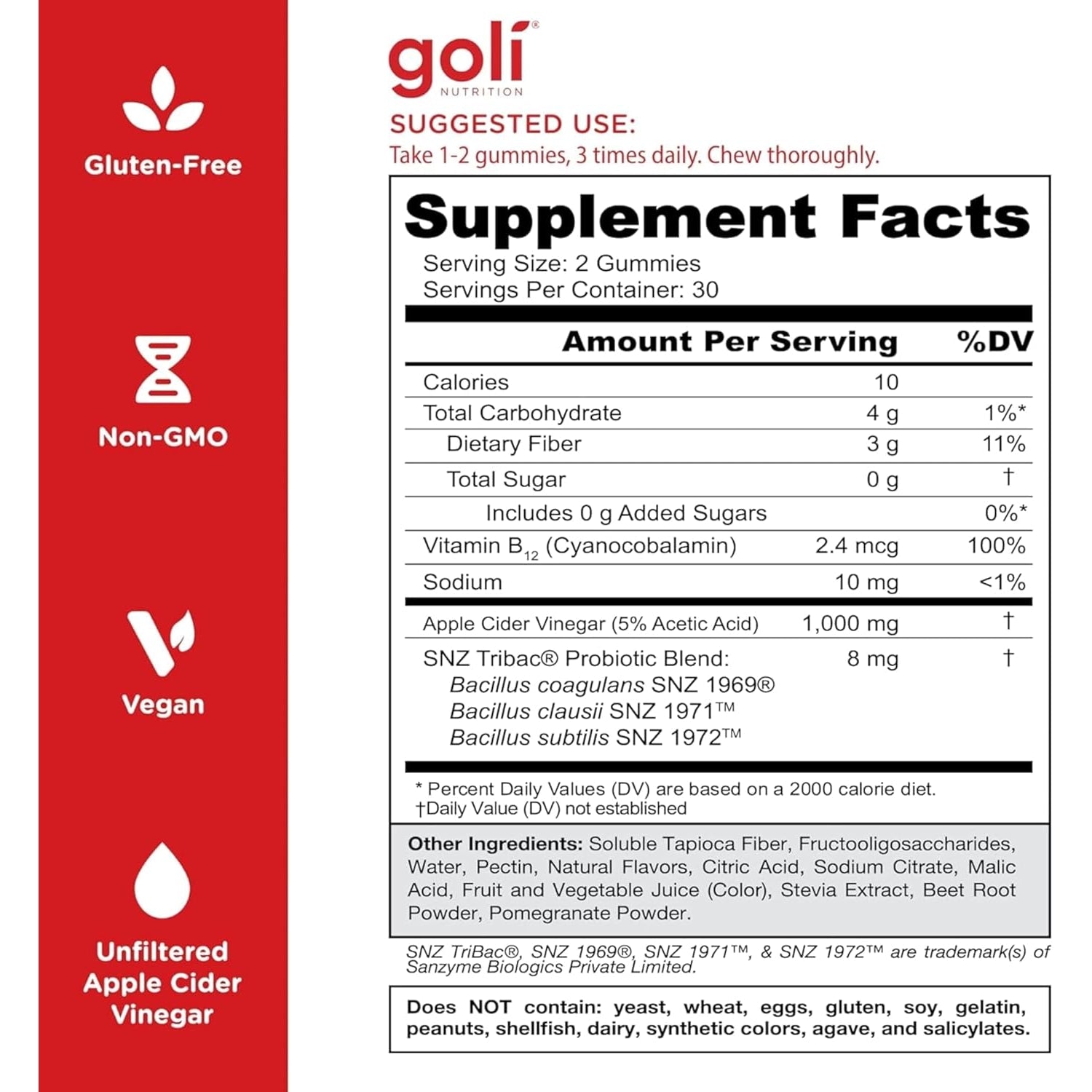 Goli Zero Sugar Apple Cider Vinegar Gummies - ACV with Vitamin B12 and Probiotics - No Sugar Alcohols - Vegan, Keto-Friendly, Gluten-Free