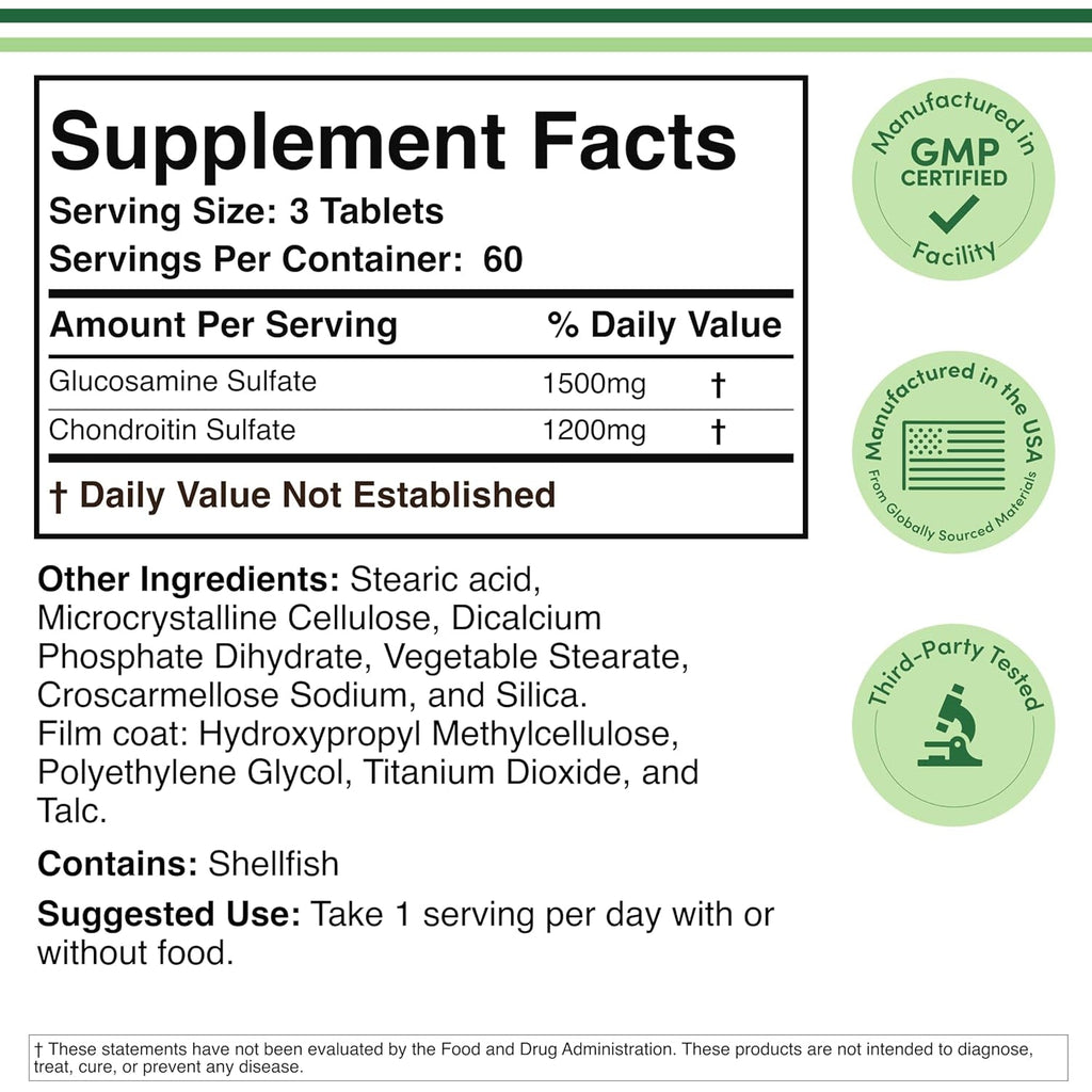 Glucosamine Chondroitin Triple Strength (1,500Mg Glucosamine Sulfate, 1,200Mg Chondroitin) 180 Tablets, Two Month Supply (Joint Support Supplement) Gluten Free, Non-Gmo by Double Wood