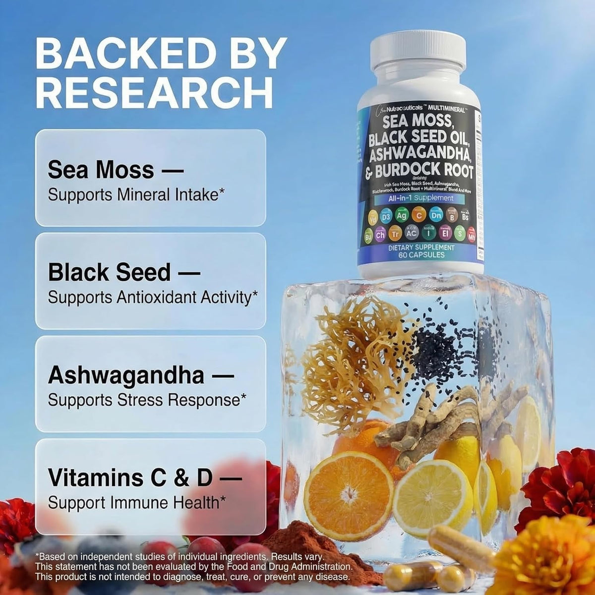 Clean Nutraceuticals Sea Moss Black Seed Oil Ashwagandha Turmeric Bladderwrack Burdock & Vitamin C Vitamin D3 with Elderberry Manuka Dandelion Yellow Dock Iodine Chlorophyll ACV