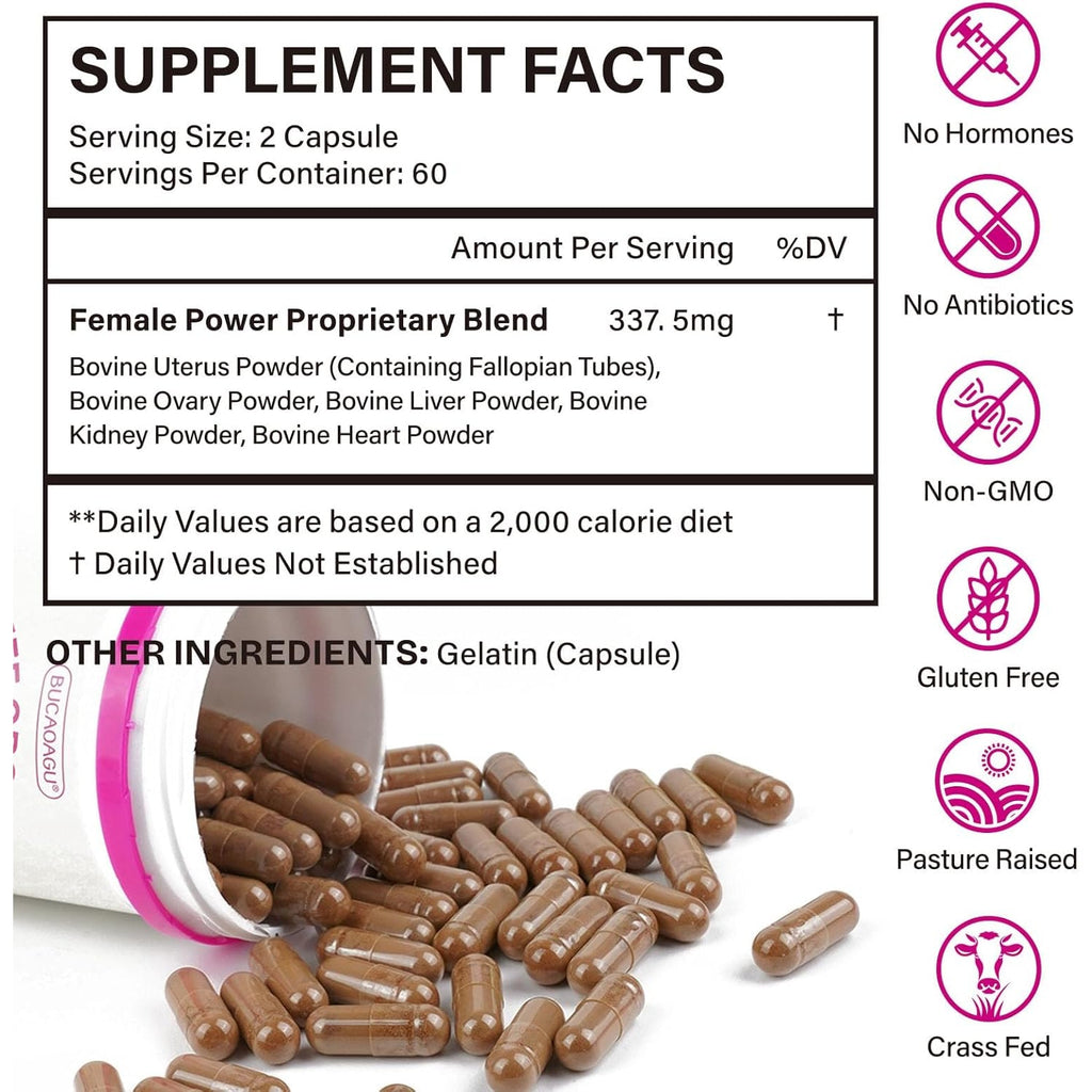 Beef Organ Supplement for Women - Grass-Fed Beef Liver, Kidney, Heart, Uterus, Ovary - Supports Female Energy & Hormone Balance - Pasture Raised in New Zealand - Iron, B12 & Coq10 - 120 Capsules