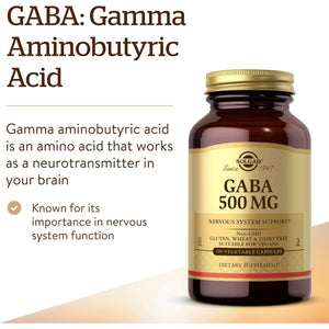 Solgar GABA 500 Mg, 100 Vegetable Capsules - Relaxation & Nervous System Support - Amino Acid - Non-Gmo, Vegan, Gluten Free, Dairy Free, Kosher - 100 Servings