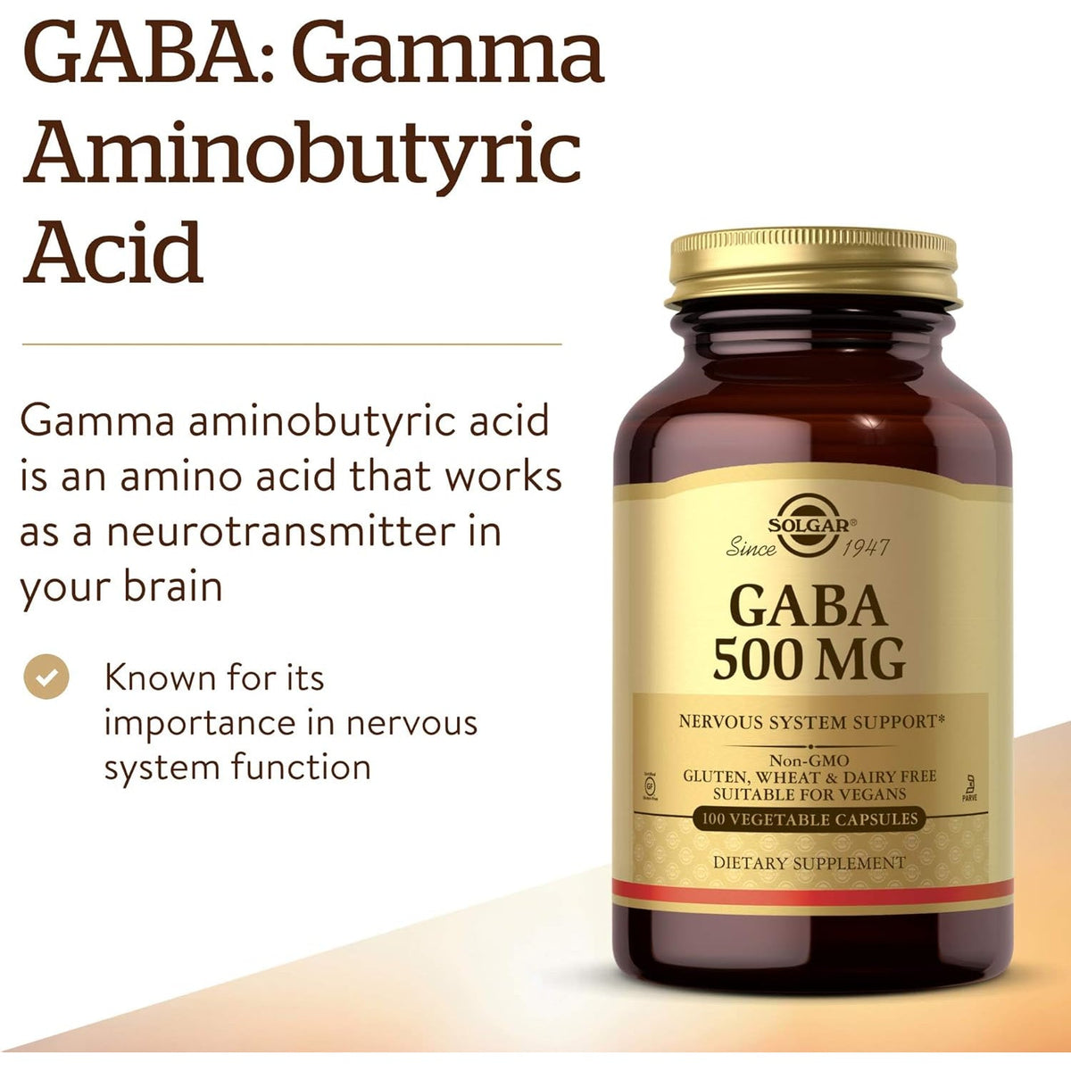 Solgar GABA 500 Mg, 100 Vegetable Capsules - Relaxation & Nervous System Support - Amino Acid - Non-Gmo, Vegan, Gluten Free, Dairy Free, Kosher - 100 Servings