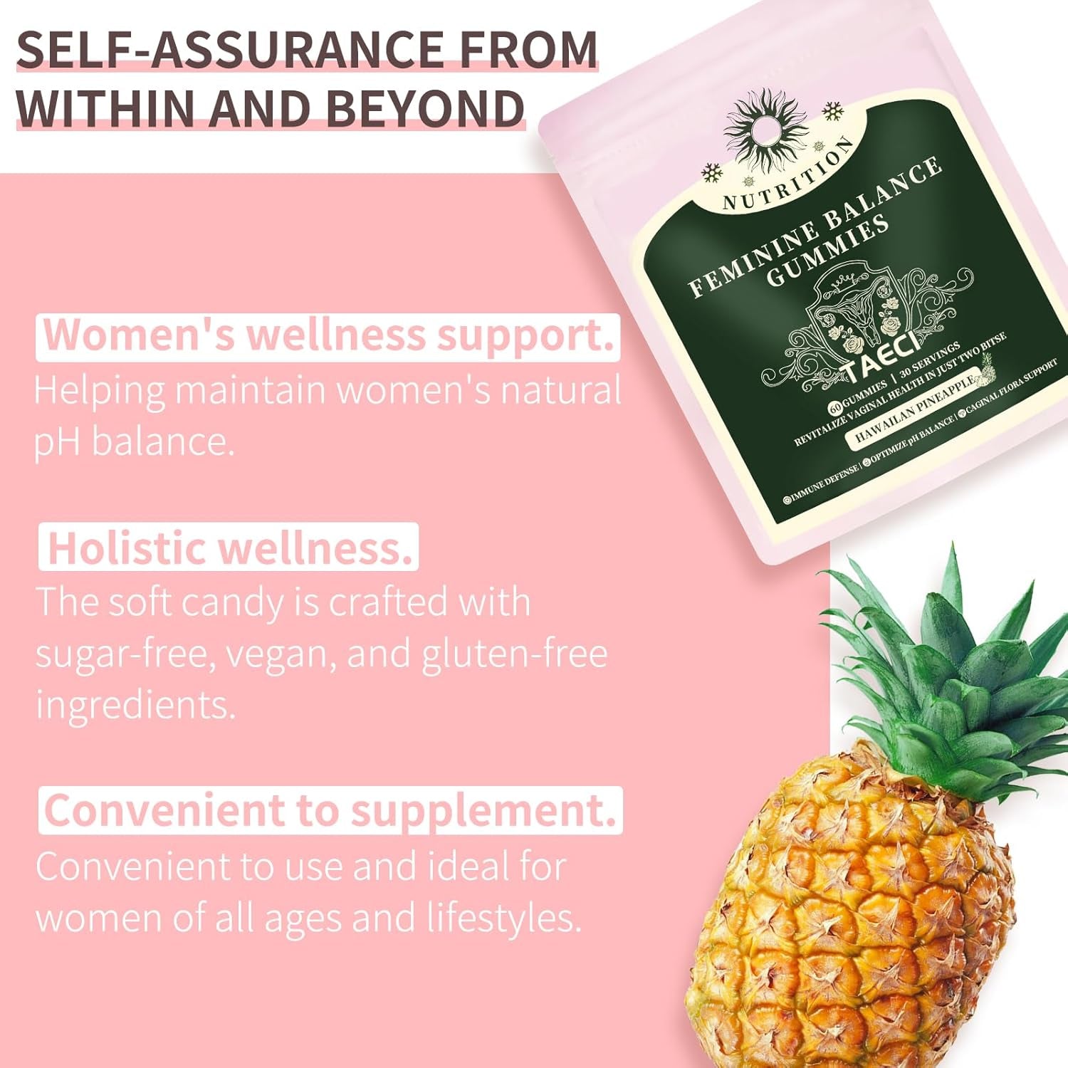 Feminine Balance Gummies for Women – Daily Ph & Probiotic Support with Pineapple & Vitamin C, Supports Flora & Immune Health, Vegan & Gluten-Free, 60 Gummies (30-Day Supply)