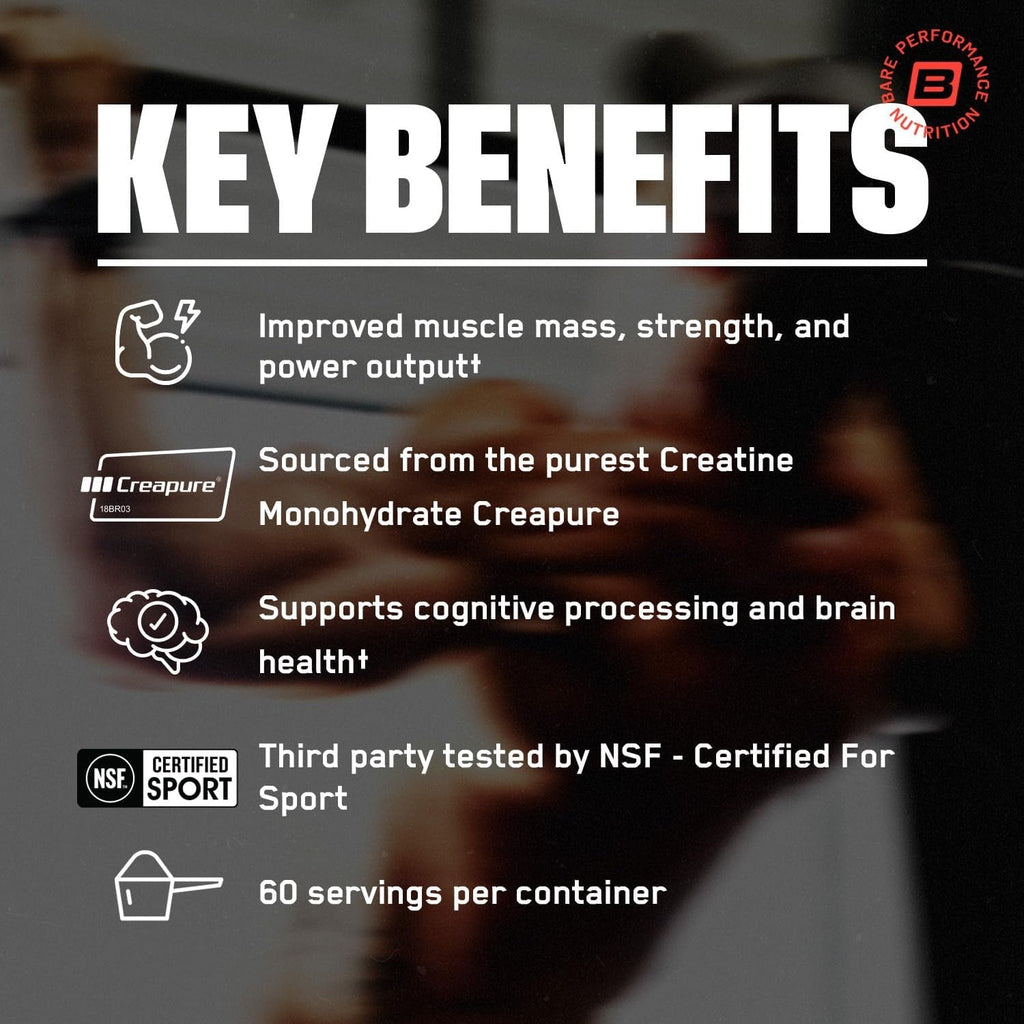 BARE PERFORMANCE NUTRITION, BPN Pure Creatine Monohydrate Powder by Creapure, 5G of Creatine per Serving, Supports Muscle Growth, Unflavored Creatine Powder, 60 Servings