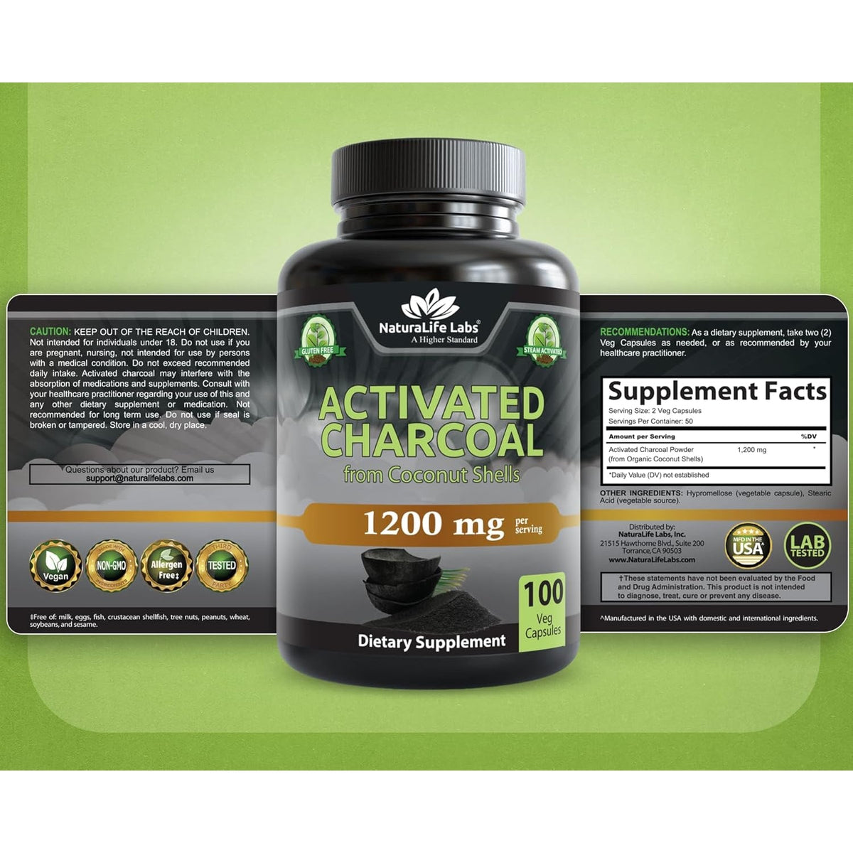 Naturalife Labs Activated Charcoal 1200 Mg per Serving – from Coconut Shells – 100 Veg Capsules – Non-Gmo, Gluten-Free, Vegan