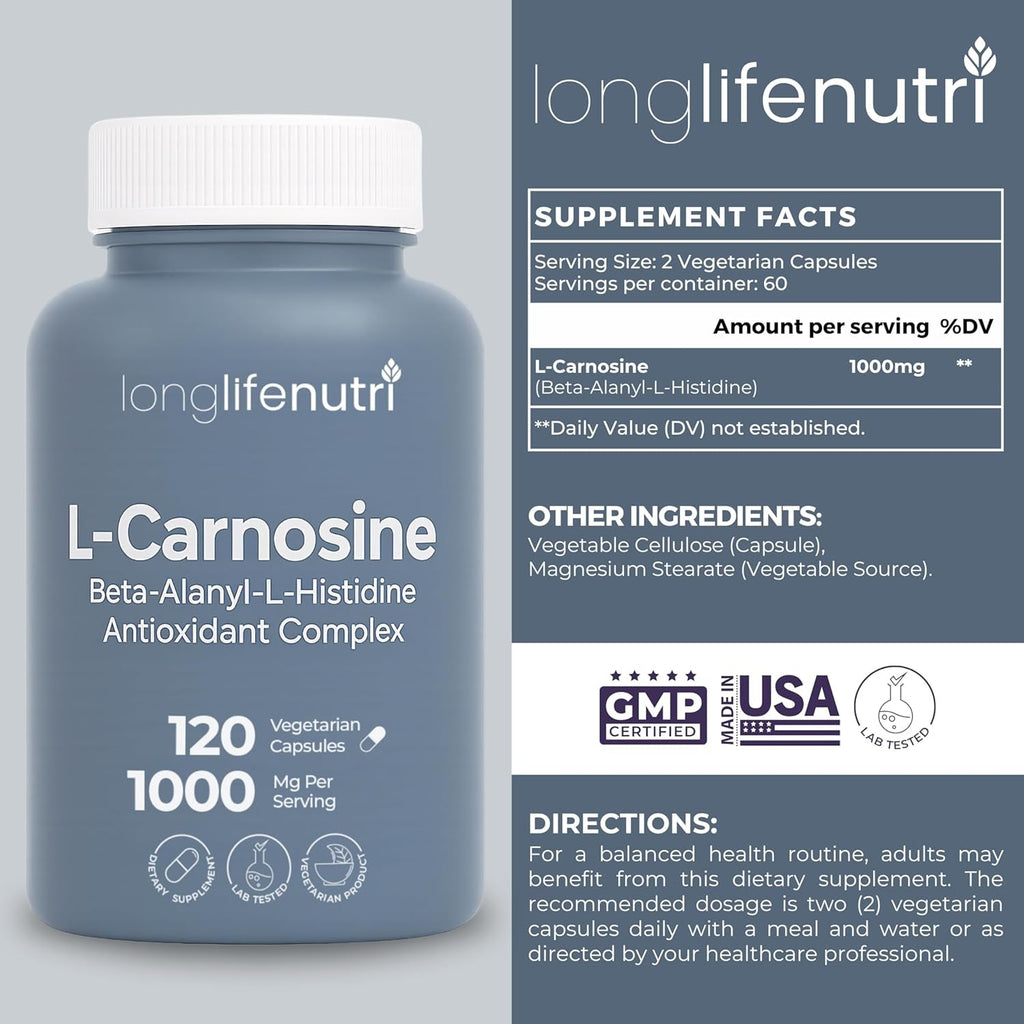 Longlifenutri L-Carnosine 1000Mg - Beta-Alanyl-L-Histidine Supplement for Cellular Energy & Brain Clarity, 120 Vegetarian Capsules, 2-Month Supply, GMP Certified, Made in USA