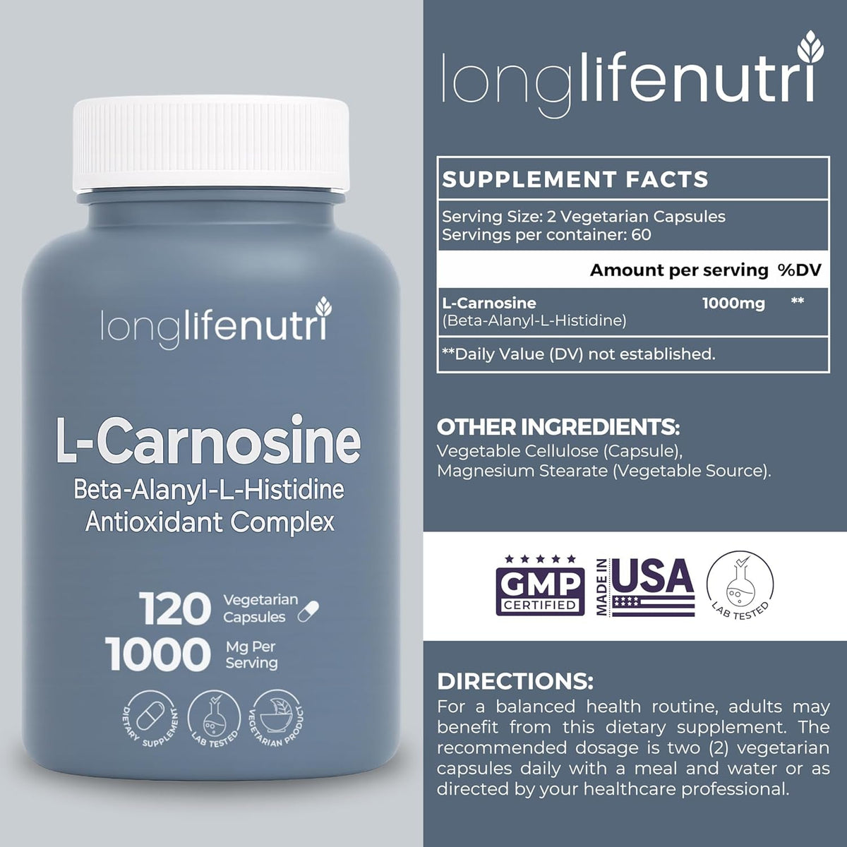 Longlifenutri L-Carnosine 1000Mg - Beta-Alanyl-L-Histidine Supplement for Cellular Energy & Brain Clarity, 120 Vegetarian Capsules, 2-Month Supply, GMP Certified, Made in USA