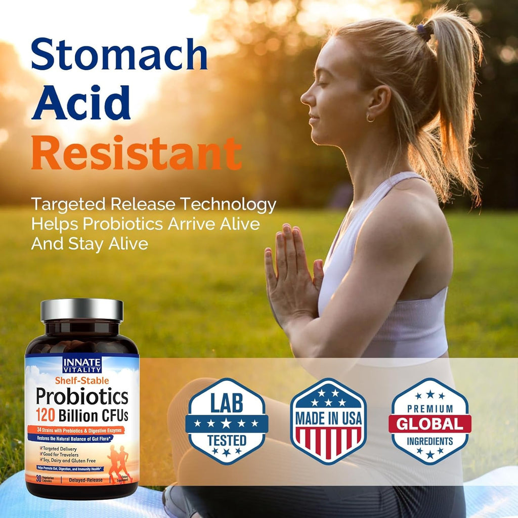 Innate Vitality Probiotics 120 Billion Cfus for Men & Women, 34 Strains with Prebiotics & Digestive Enzymes, Immune & Digestive Health, Delayed Release, Shelf Stable, 30 Vegan Capsules