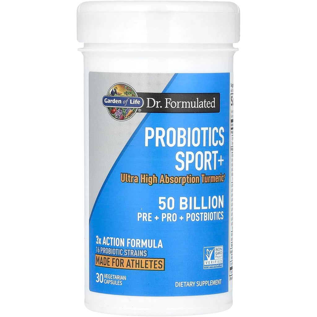 Garden of Life Dr Formulated Sport Probiotics Digestive Supplement, Organic Prebiotics for Women & Men Athletes, Clinically Studied Turmeric Curcumin, 50 Billion CFU, Gut Health, Acidophilus, 30Ct