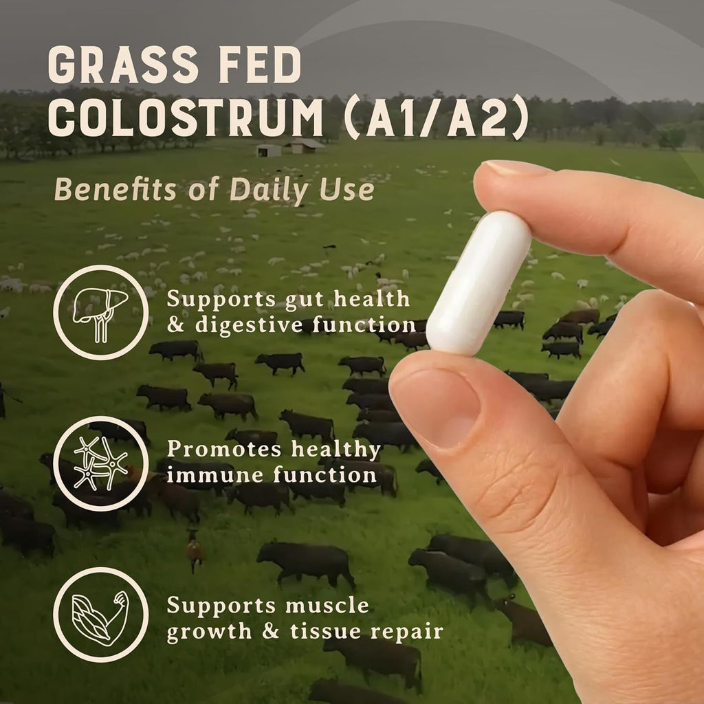 HEART & SOIL 100% Grass Fed & Finished Colostrum Supplement from Regenerative Cattle for Gut, Muscle & Immune Health – 3000Mg Bovine Colostrum Capsules - Gut Health for Men & Women –180 Capsules