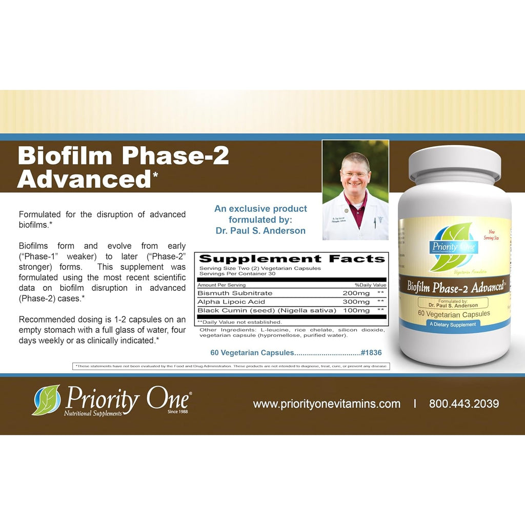 Priority One Vitamins Biofilm Phase-2 Advanced 60 Vegetarian Capsules Exclusively Formulated By: Dr. Paul S. Anderson - Disruption of Advanced Biofilms*
