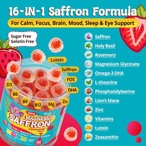 Duwhot Saffron for Kids Gummies Sugar Free, Saffron Magnesium Supplement W/Holy Basil, Rosemary, Omega-3 & Vitamins for Happy Kids, Brain, Energy & Vision Support, Vegan, Organic, 60 Chewables