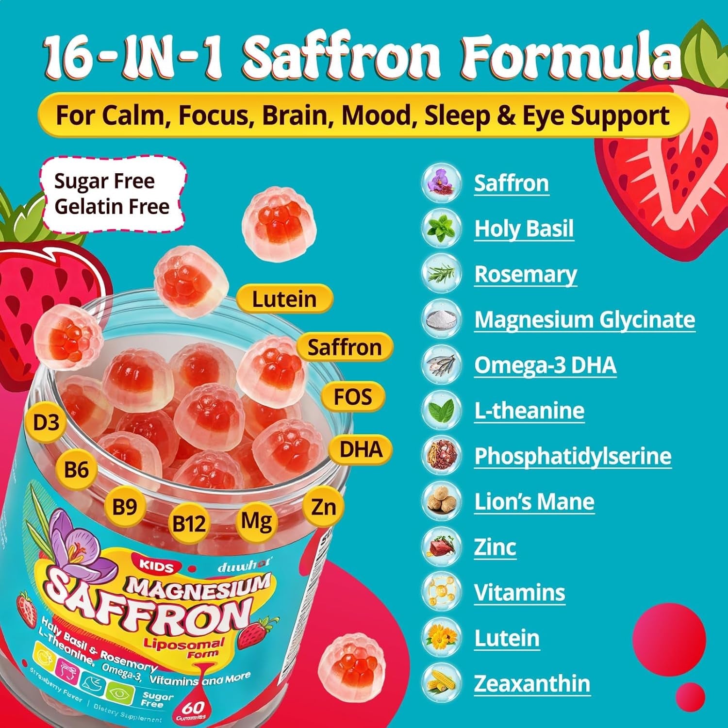 Duwhot Saffron for Kids Gummies Sugar Free, Saffron Magnesium Supplement W/Holy Basil, Rosemary, Omega-3 & Vitamins for Happy Kids, Brain, Energy & Vision Support, Vegan, Organic, 60 Chewables