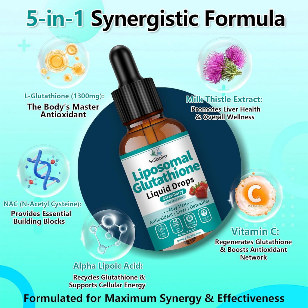 Liposomal Glutathione Supplement Liquid Drops, 5-In-1 Ultra Strength L-Glutathione 1750Mg W. Milk Thistle Vitamin C NAC Alpha Lipoic Acid for Skin Whitening Liver Detox Antioxidant Immune Brain Health