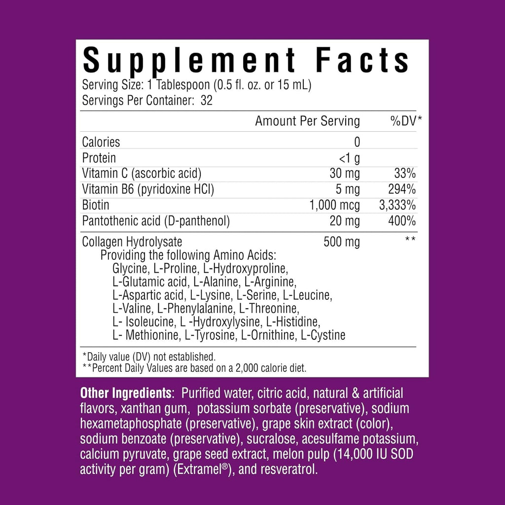 Rejuvicare Liquid Collagen Beauty Formula with Amino Acids, Protein and Biotin, Delicious Grape Flavor, Purple 16 Oz ,32 Servings