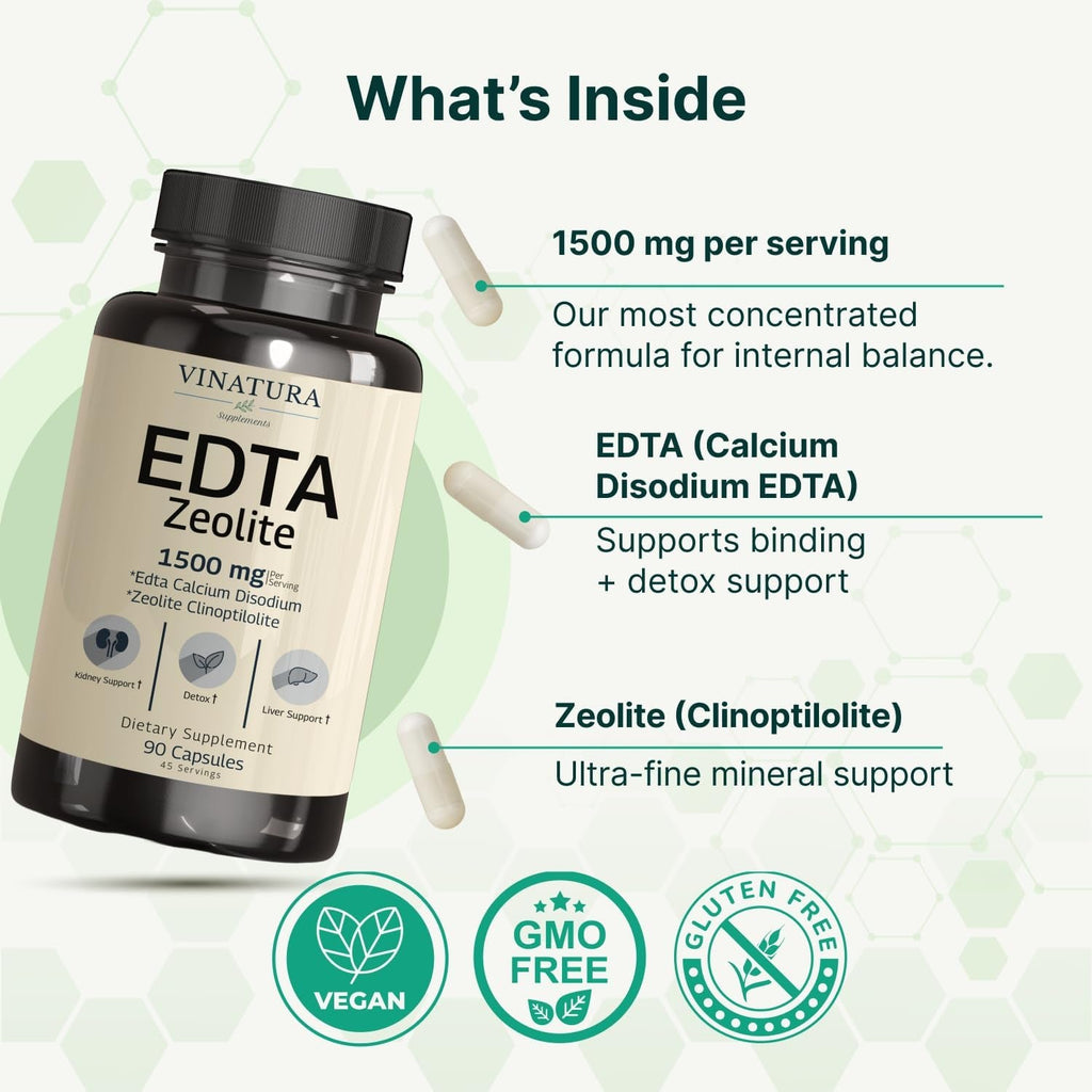 VINATURA EDTA Capsules - 1500Mg per Serv, USA Made & Tested, Liver Support - Edta Calcium Disodium, Kale Extract - 90 Capsules 45 Servings
