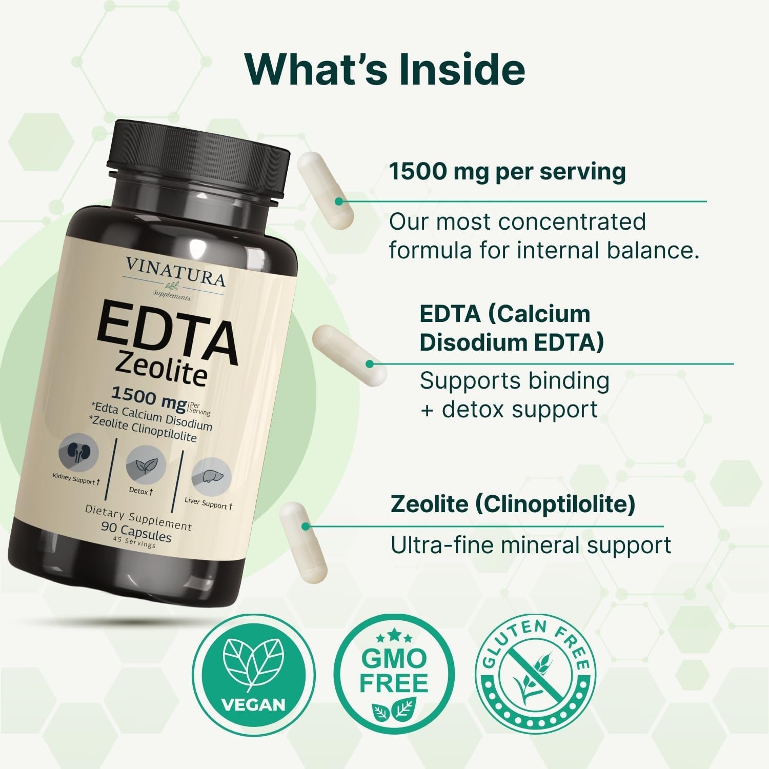VINATURA EDTA Capsules - 1500Mg per Serv, USA Made & Tested, Liver Support - Edta Calcium Disodium, Kale Extract - 90 Capsules 45 Servings
