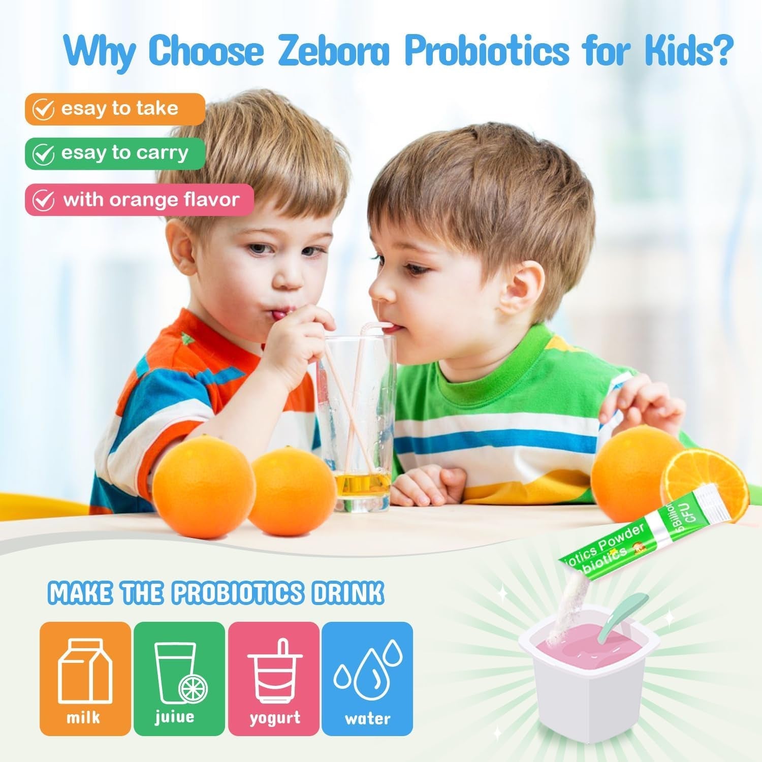 ZEBORA Kids Probiotic & Prebiotics Powder Age 3+ Support Children'S Digestive & Immune System with Natural Source, Promotes Constipation Relief, Non-Gmo, Gluten-Free, 30 Packets with 5 Billion Cfus