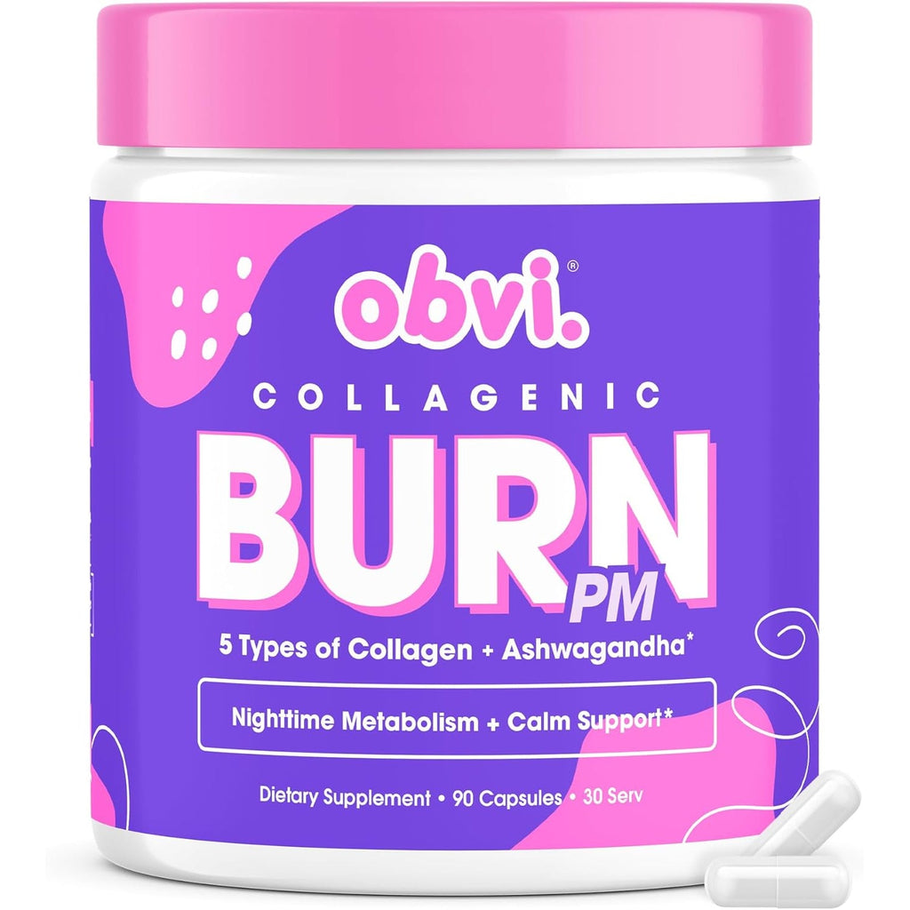 Obvi Collagenic Burn PM | Nighttime Collagen Peptides for Sleep & Recovery | 5 Types Collagen + Ashwagandha, GABA & Melatonin | Capsiburn Metabolic Support | 90 Capsules | Made in USA