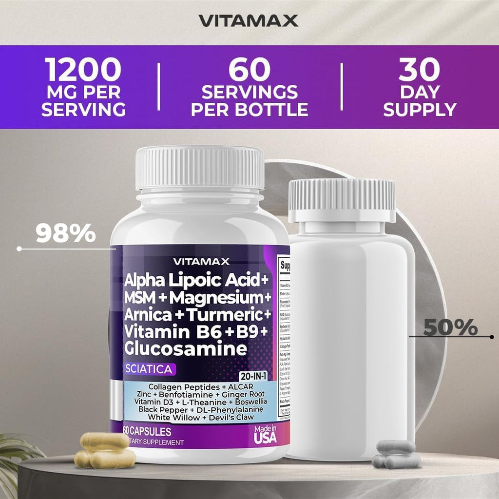 Sciatic Nerve Health Support - Sciatic Nerve Supplement Capsules with Folic Acid, Pea, Glucosamine, MSM, Vitamin B Complex, Alpha Lipoic Acid 300Mg – 60Ct – Made in USA