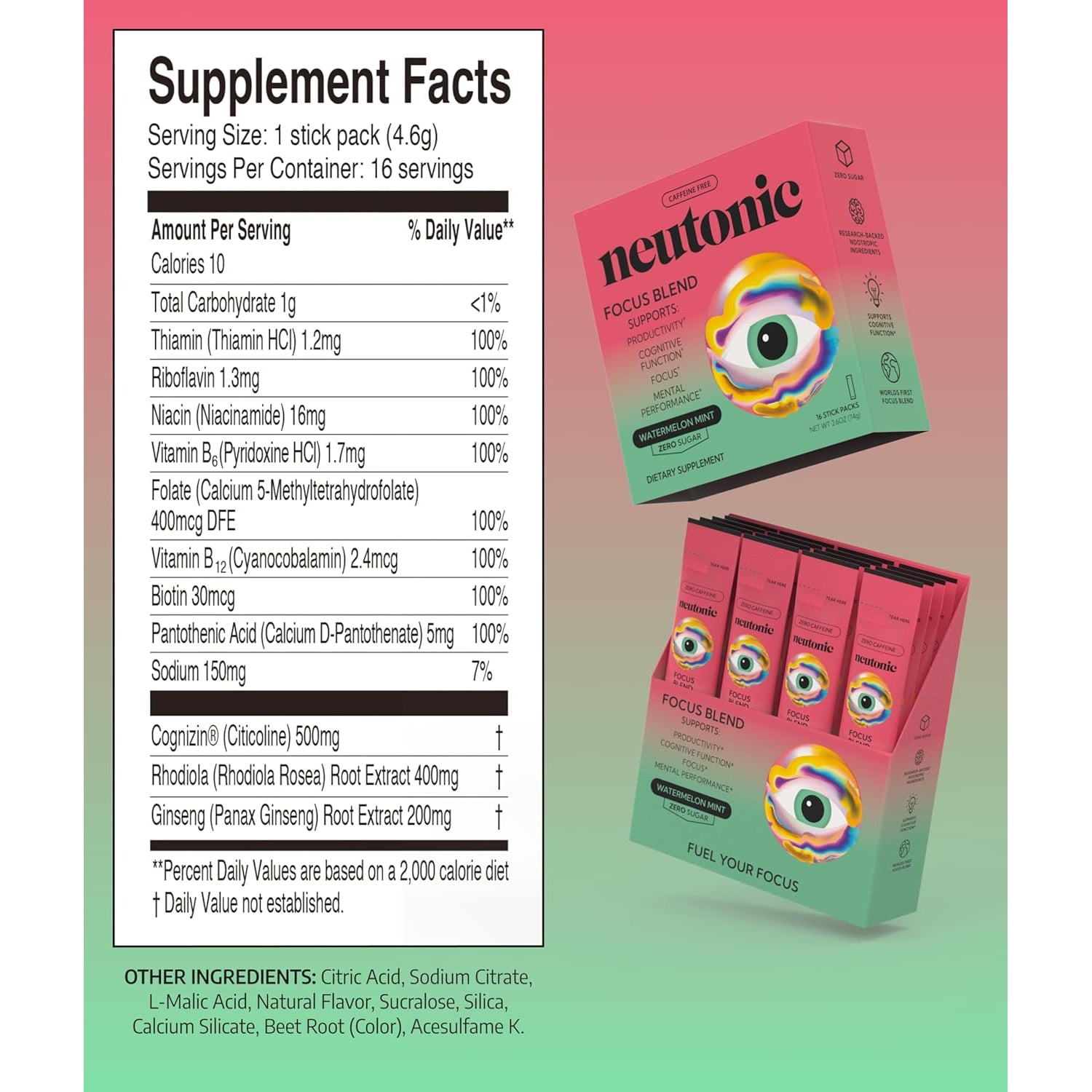 Neutonic Nootropic Focus Blend Powder | Watermelon Mint 16 Sticks | Caffeine Free, Zero Sugar | Support Memory, Mental Clarity, Cognitive Function | Boost Focus, Energy, Brain Health
