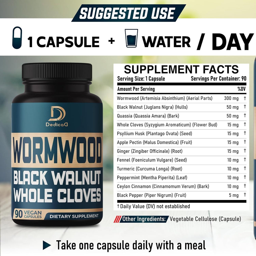 DEDICAD 12In1 Wormwood Black Walnut Clove Capsules - Immune, and Mood Support - 3 Month Supply - 90 Vegan Capsules