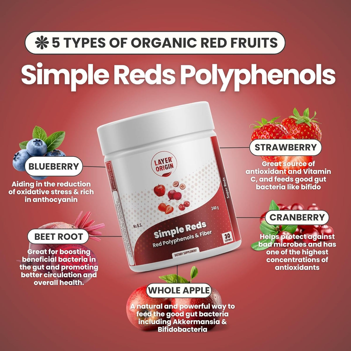 Simple Reds - Organic Red Polyphenols Whole Fruit Powder | Only Real Red Whole Fruits & Zero-Fillers | 30 Servings